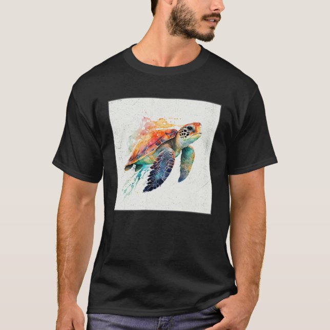 Cute Sea Turtle Paint Splatter Illustration Colorf T-Shirt (Front)