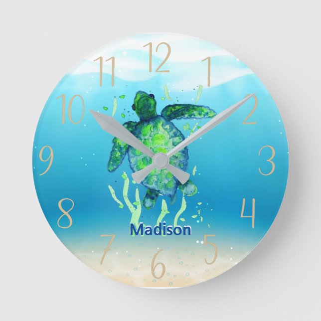 Cute Sea Turtle Personalized Gender Neutral   Round Clock (Front)
