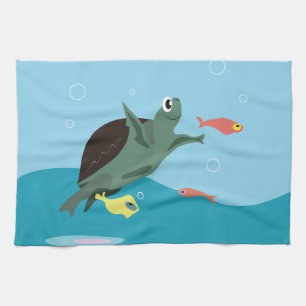 Cute Sea Turtle Under the Sea Art Tea Towel