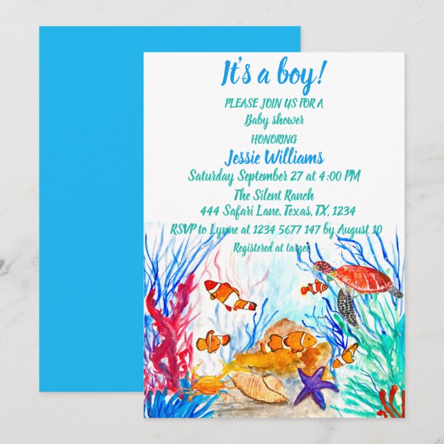 Cute Sea Turtle Under the sea Ocean Blue Baby Boy Invitation (Front/Back)
