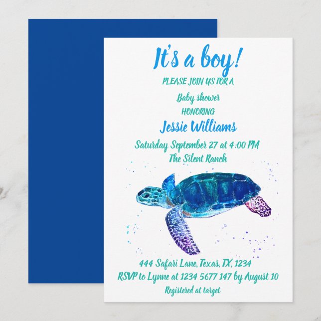 Cute Sea Turtle Under the sea Ocean Blue Baby Boy  Invitation (Front/Back)