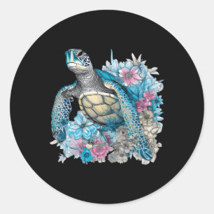 Cute Sea Turtle Wildflowers Animal Lover Tortoise Classic Round Sticker