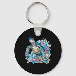 Cute Sea Turtle Wildflowers Animal Lover Tortoise  Key Ring