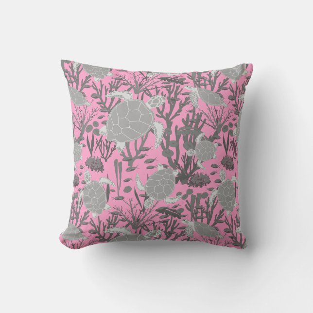 Cute Sea Turtles on Pink and Grey Cushion (Front)