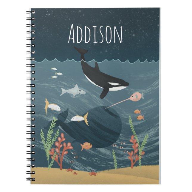 Cute Sea & Whimsical Night Ocean Orca Kids School Notebook (Front)