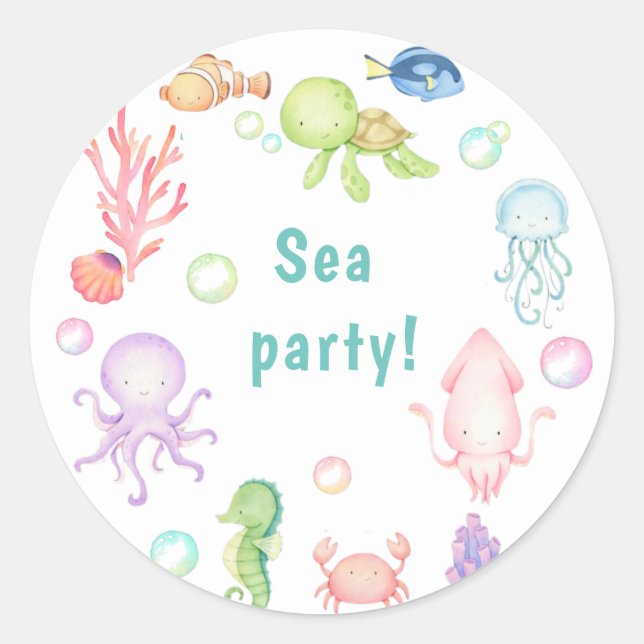 Cute sea ​​world Birthday Party Invitation Classic Round Sticker (Front)