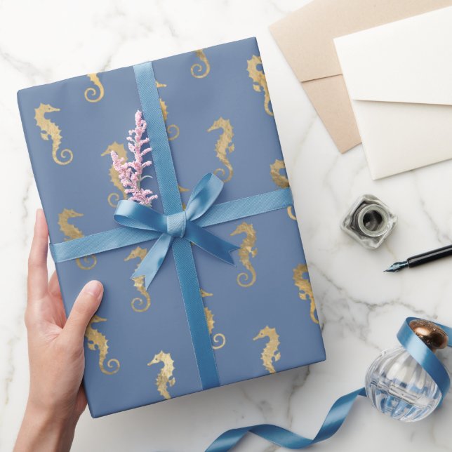 Cute Seahorse Blue Gold Mermaid Theme Party Gifts Wrapping Paper (Gifting)