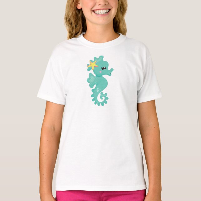 Cute Seahorse, Green Seahorse, Starfish, Hearts T-Shirt (Front)