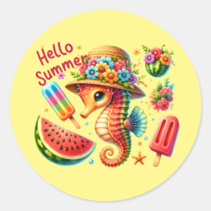 Cute seahorse hello Summer Classic Round Sticker