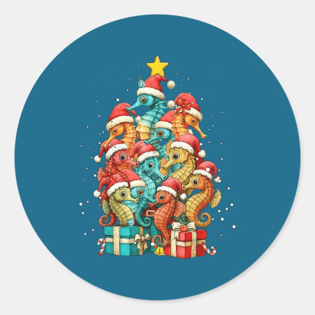 Cute Seahorse Le Sea Fish Christmas Tree Xmas Hat  Classic Round Sticker (Front)