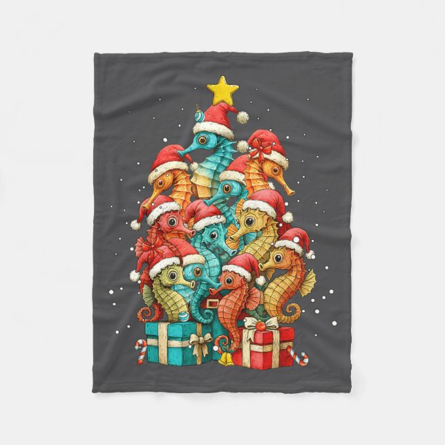 Cute Seahorse Le Sea Fish Christmas Tree Xmas Hat  Fleece Blanket (Front)