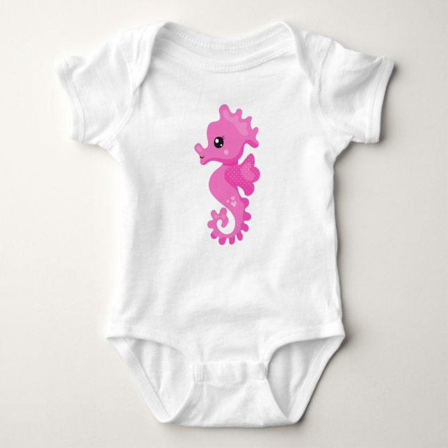 Cute Seahorse, Little Seahorse, Pink Seahorse Baby Bodysuit (Front)