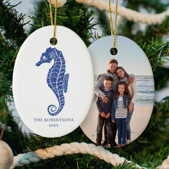 Cute Seahorse Navy Glitter Coastal Christmas Photo Ceramic Ornament (Creator Uploaded)