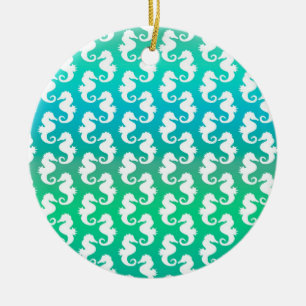 Cute Seahorse Pattern on Blue Green Ceramic Ornament