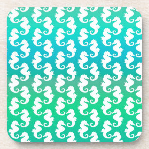 Cute Seahorse Pattern on Blue Green Coaster