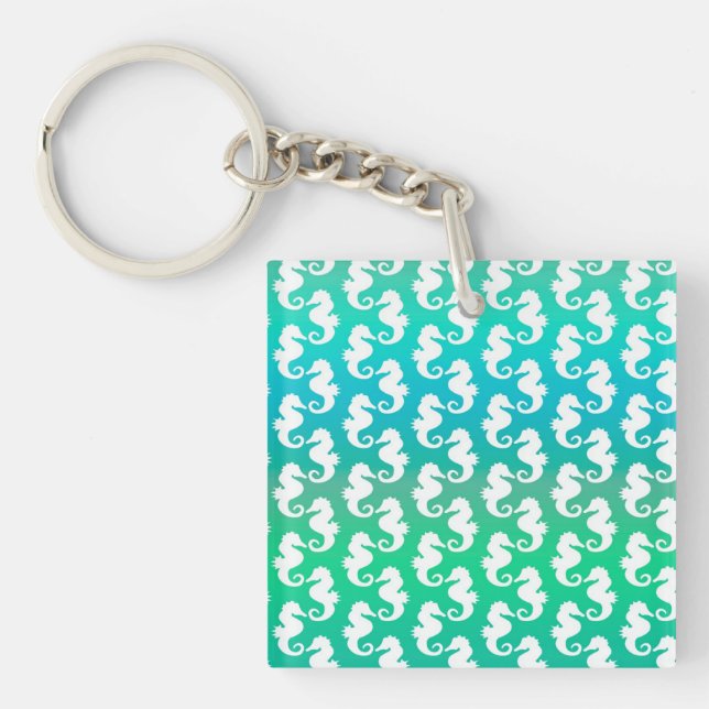 Cute Seahorse Pattern on Blue Green Key Ring (Front)