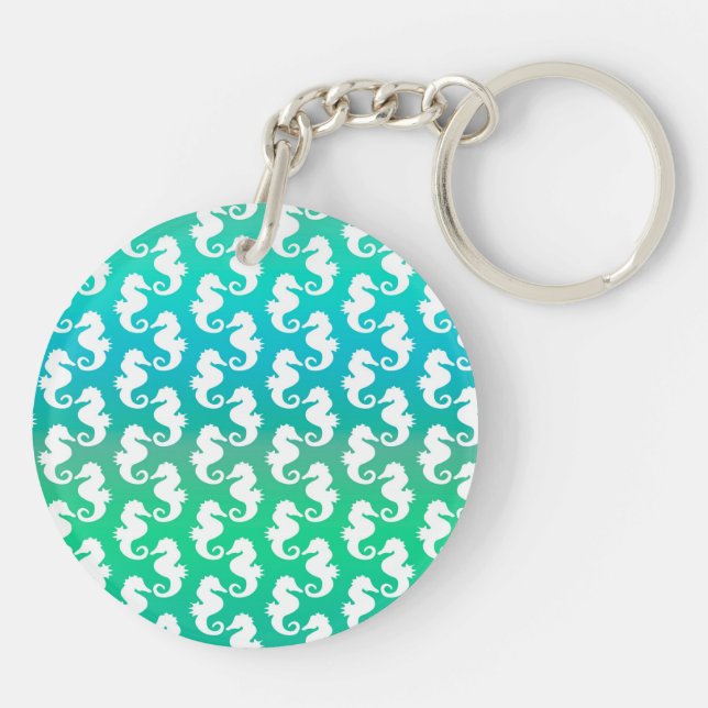 Cute Seahorse Pattern on Blue Green Key Ring (Back)