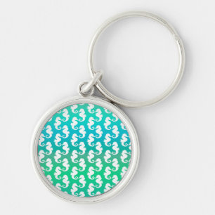 Cute Seahorse Pattern on Blue Green Key Ring