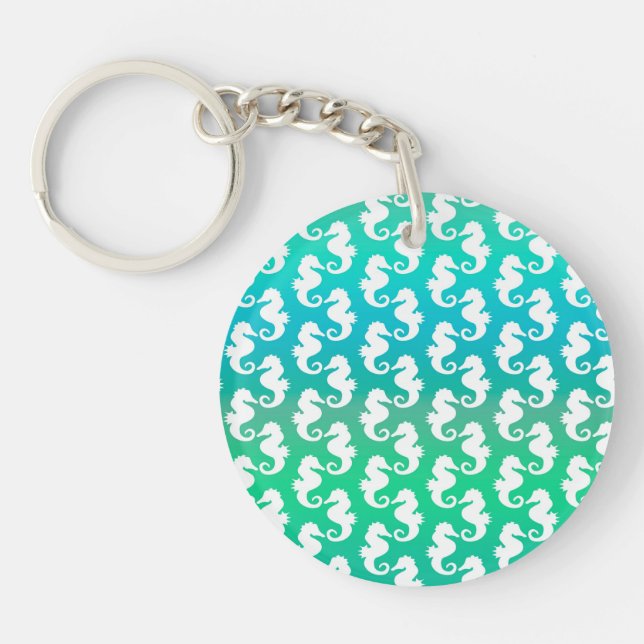 Cute Seahorse Pattern on Blue Green Key Ring (Front)