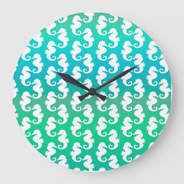 Cute Seahorse Pattern on Blue Green Large Clock (Front)