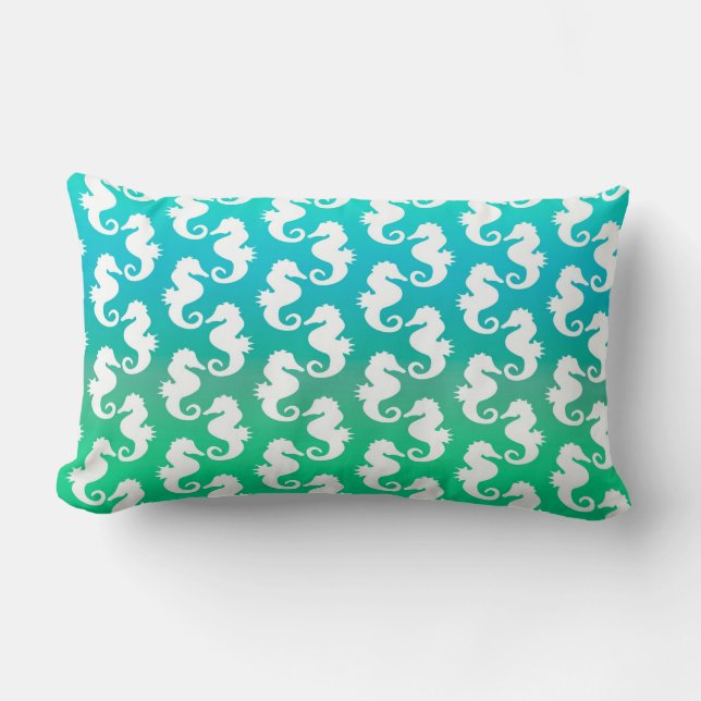 Cute Seahorse Pattern on Blue Green Lumbar Cushion (Front)