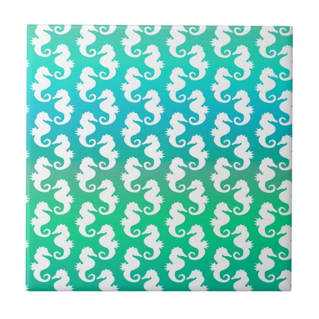 Cute Seahorse Pattern on Blue Green Tile (Front)