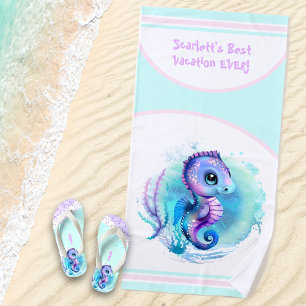 Cute Seahorse Summer Vacation Personalised Girl Beach Towel
