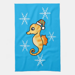 Cute Seahorse Winter Snowflake Holiday Tea Towel