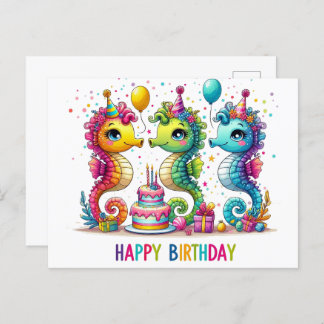 Cute seahorses happy birthday postcards