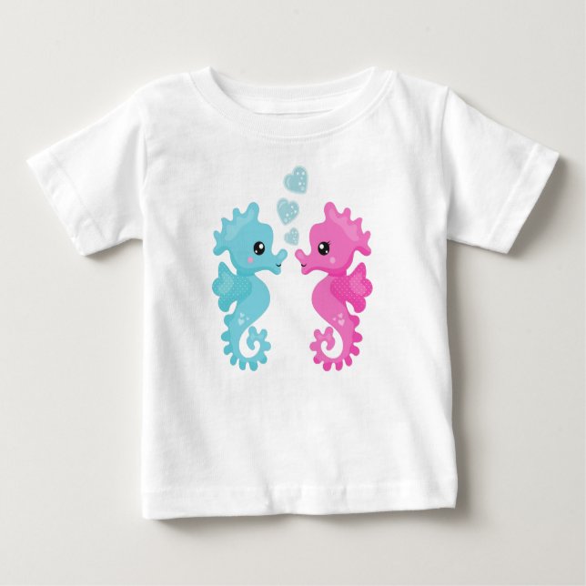 Cute Seahorses, Pink Seahorse, Blue Seahorse, Love Baby T-Shirt (Front)