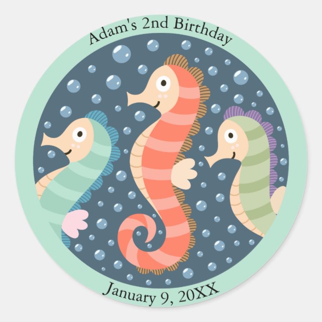 Cute Seahorses Under the Sea Birthday Classic Round Sticker (Front)
