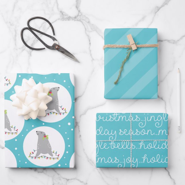Cute Seal Christmas Wrapping Paper Sheets (Front)