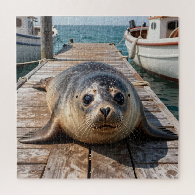 Cute Seal Laying on Boat Dock Ocean Pier Jigsaw Puzzle (Vertical)