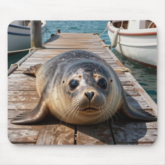 Cute Seal Laying on Boat Dock Ocean Pier Mouse Pad (Front)