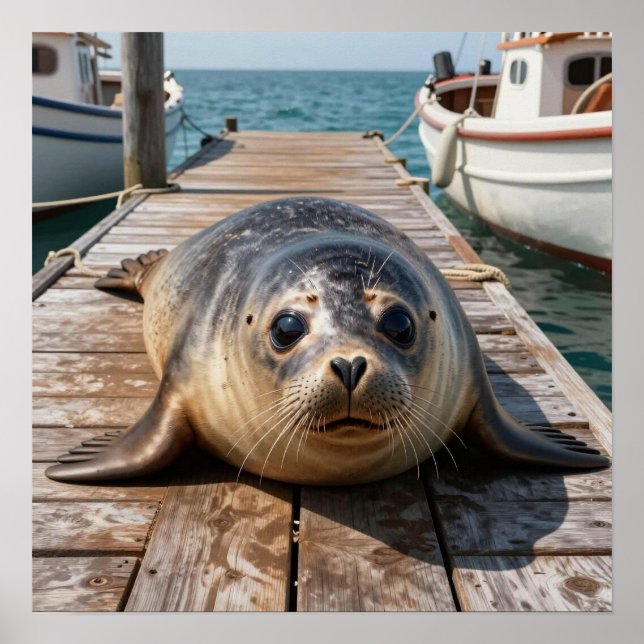 Cute Seal Laying on Boat Dock Ocean Pier Poster (Front)
