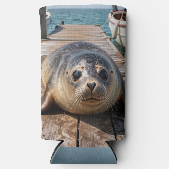 Cute Seal Laying on Boat Dock Ocean Pier Seltzer Can Cooler (Front)