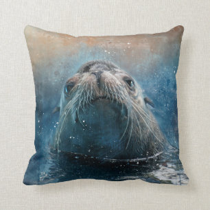 Cute Seal Sea Lion Photography Watercolor Cushion