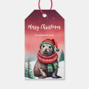 Cute Seal sea lion Santa Christmas party Snow kids Gift Tags