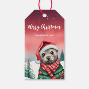 Cute Seal sea lion Santa Christmas party Snow kids Gift Tags