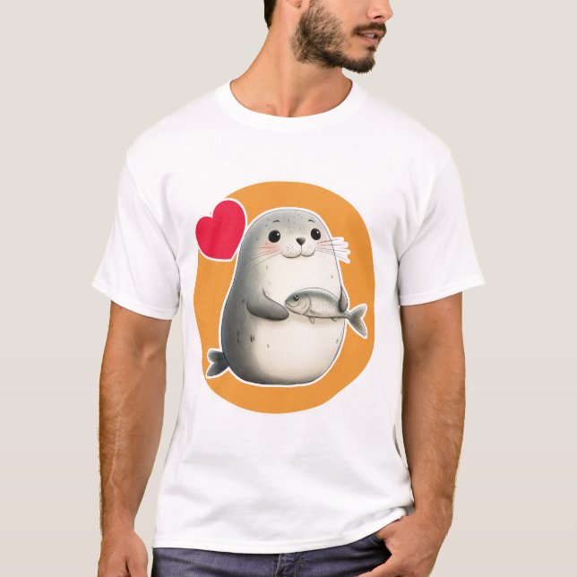 Cute Seal with Fish T-Shirt (Front)