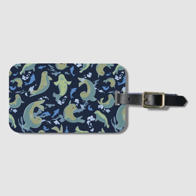 Cute Seals Deep Blue Luggage Tag (Front Horizontal)