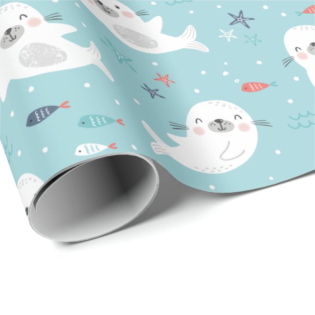 Cute Seals on light blue Wrapping Paper (Roll Corner)