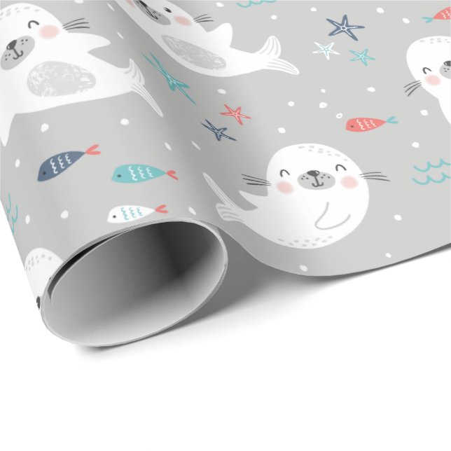 Cute Seals on light grey Wrapping Paper (Roll Corner)