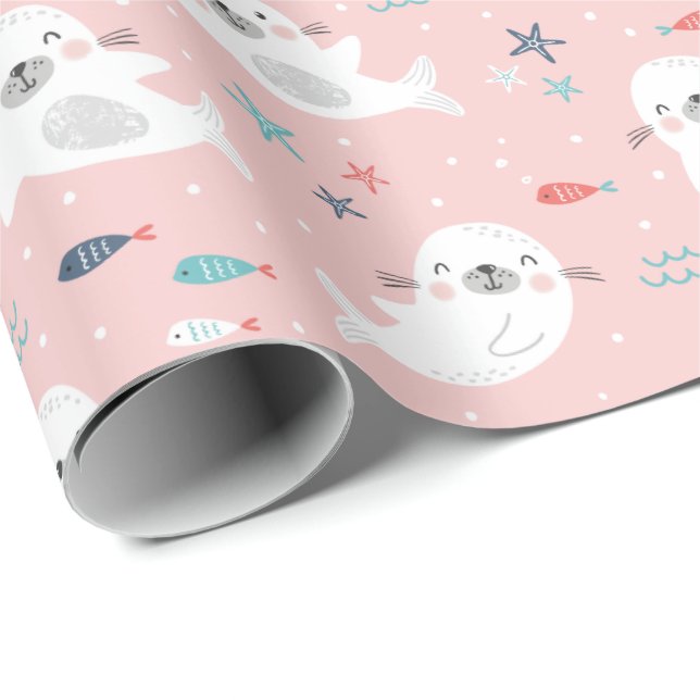 Cute Seals on light pink Wrapping Paper (Roll Corner)
