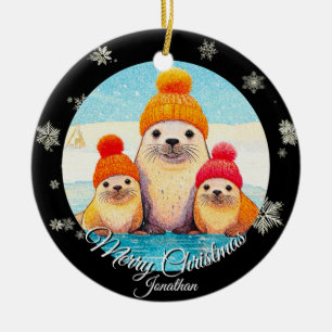 Cute seals with knitted hat Christmas illustration Ceramic Ornament