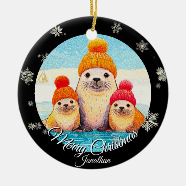 Cute seals with knitted hat Christmas illustration Ceramic Ornament (Front)