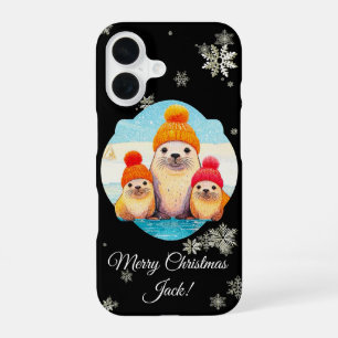 Cute seals with knitted hat Christmas illustration iPhone 16 Case