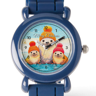 Cute seals with knitted hat Christmas illustration Watch
