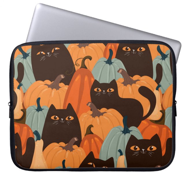 Cute seamless pattern with black cats and pumpkins laptop sleeve (Front)