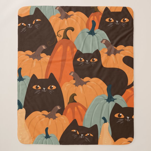 Cute seamless pattern with black cats and pumpkins sherpa blanket (Front)